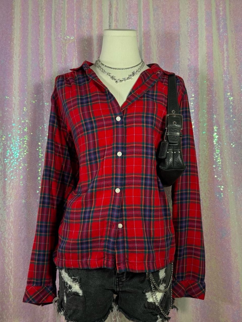J. Jill Red Multicolored Button Up Plaid Blouse ★彡